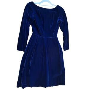 VTG Velvet Cocktail Dress 1950s 3/4 Sleeve Navy Blue Holiday Winter Dress XS/0-2
